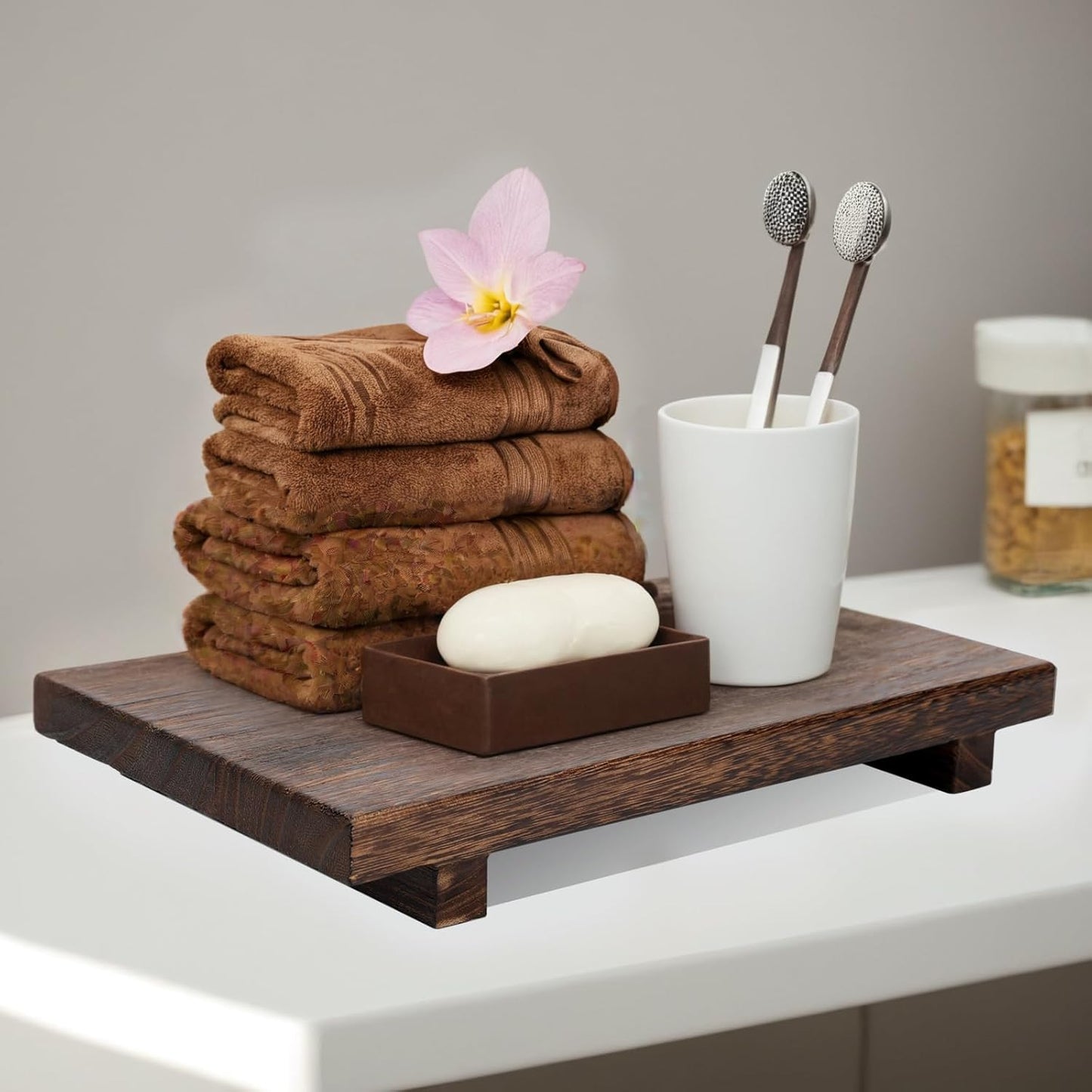 (12 x 7 Inch) Wood Riser Soap Tray, Farmhouse Wood Pedestal Stand for Kitchen Counter Sink, Rustic Wooden Riser Decorative Bathroom Counter Dishes Plant Bottles Candles Display