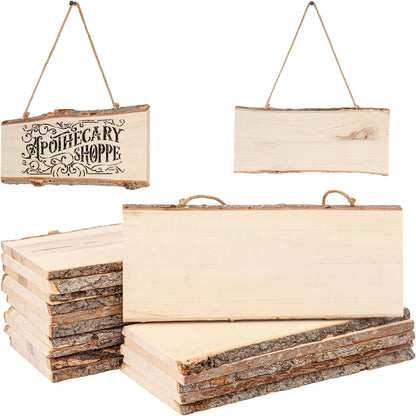 18 Pack Wood Signs, Unfinished Rectangle Wooden Plaque with Rope, Live Edge Wood Plaque for DIY, Burning Carving, Wedding, Restaurant, Home Decor (4 x 10 Inch)