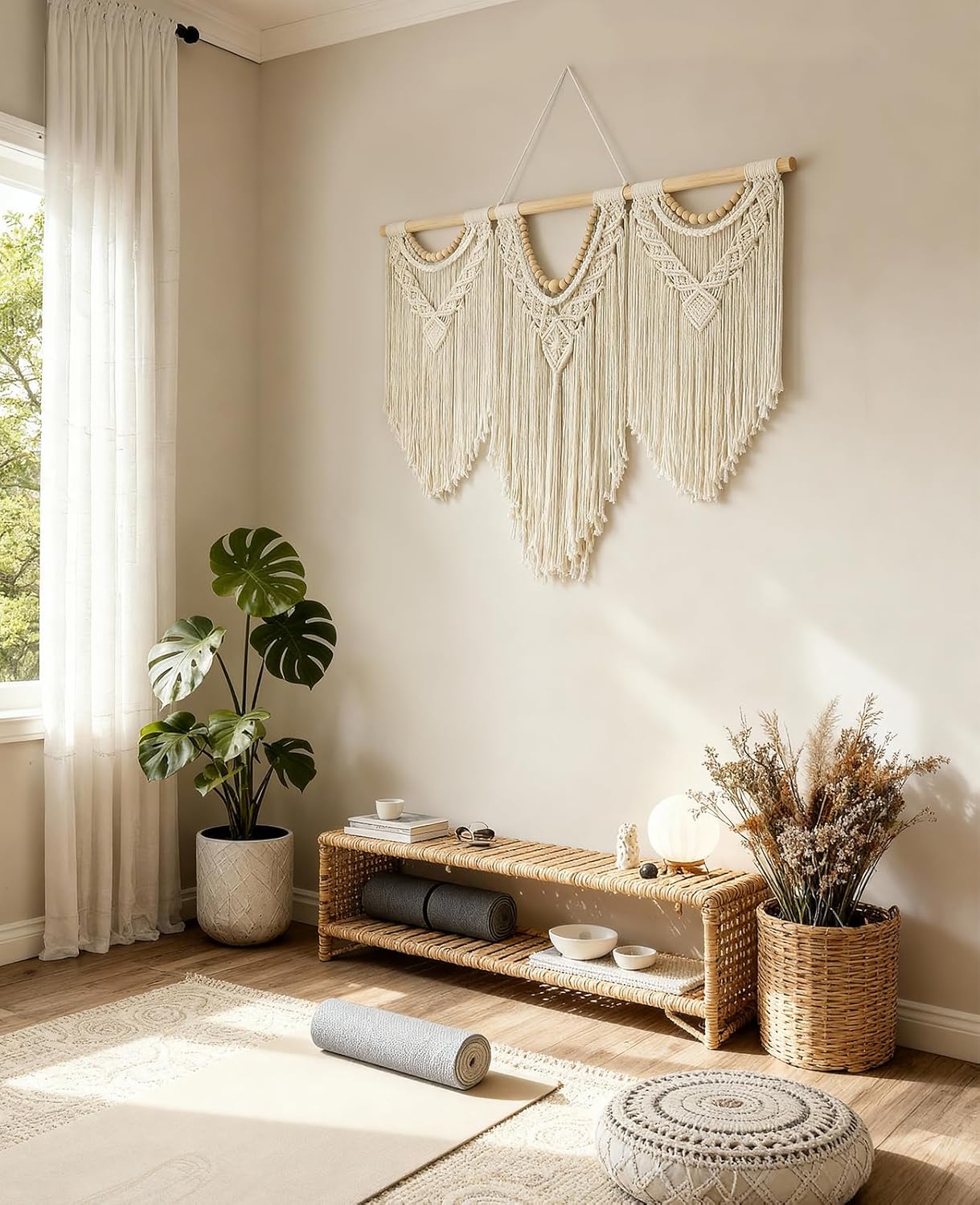 Tempospark Large Macrame Wall Hanging, 43" Wx32 L Boho Wall Hangings for Living Room Bedroom Nursery, Boho Chic Large Macrame Tapestry for Bedroom Wall Decor (Tassel)