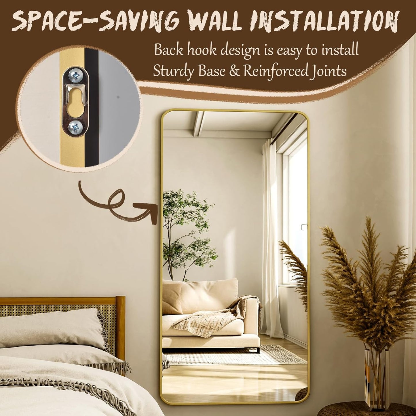 XRAMFY 56"x21" Floor Full Length Mirror Standing Full Body Rounded Corner Rectangle Mirrors with Stand Hanging Wall Mounted Leaning Bedroom Living Room Bedroom Cloakroom,Gold
