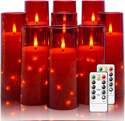 Nimiko Flickering Flameless LED Candles, 9 Pcs with Embedded Star String, Acrylic LED Pillar Candles with Remote, Suitable for Home Decoration (White)