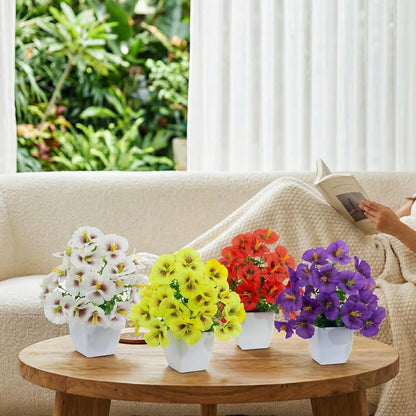 LOYWREE 4 Pack Small Artificial Mums Flowers in White Pots, Fake Mini Potted Plants, Spring Floral Decor for Home Bathroom Shelves Office Desk Table Centerpiece Indoor Decoration