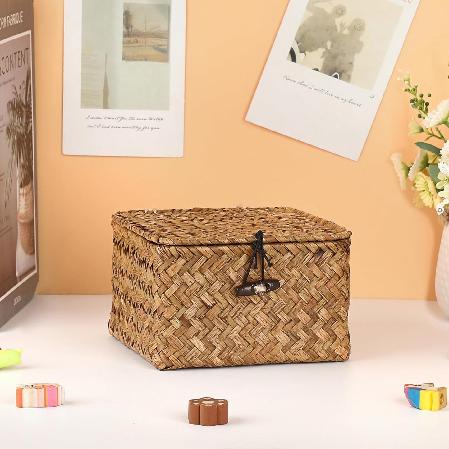 Hipiwe Seagrass Basket with Lid Wicker Storage Basket Square Handwoven Decorative Baskets Box for Shelf Multipurpose Household Baskets Home Decor,X-small