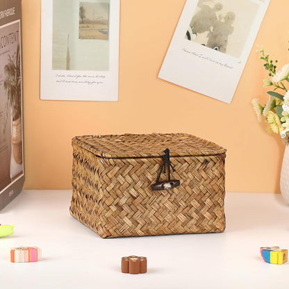 Hipiwe Seagrass Basket with Lid Wicker Storage Basket Square Handwoven Decorative Baskets Box for Shelf Multipurpose Household Baskets Home Decor,X-small