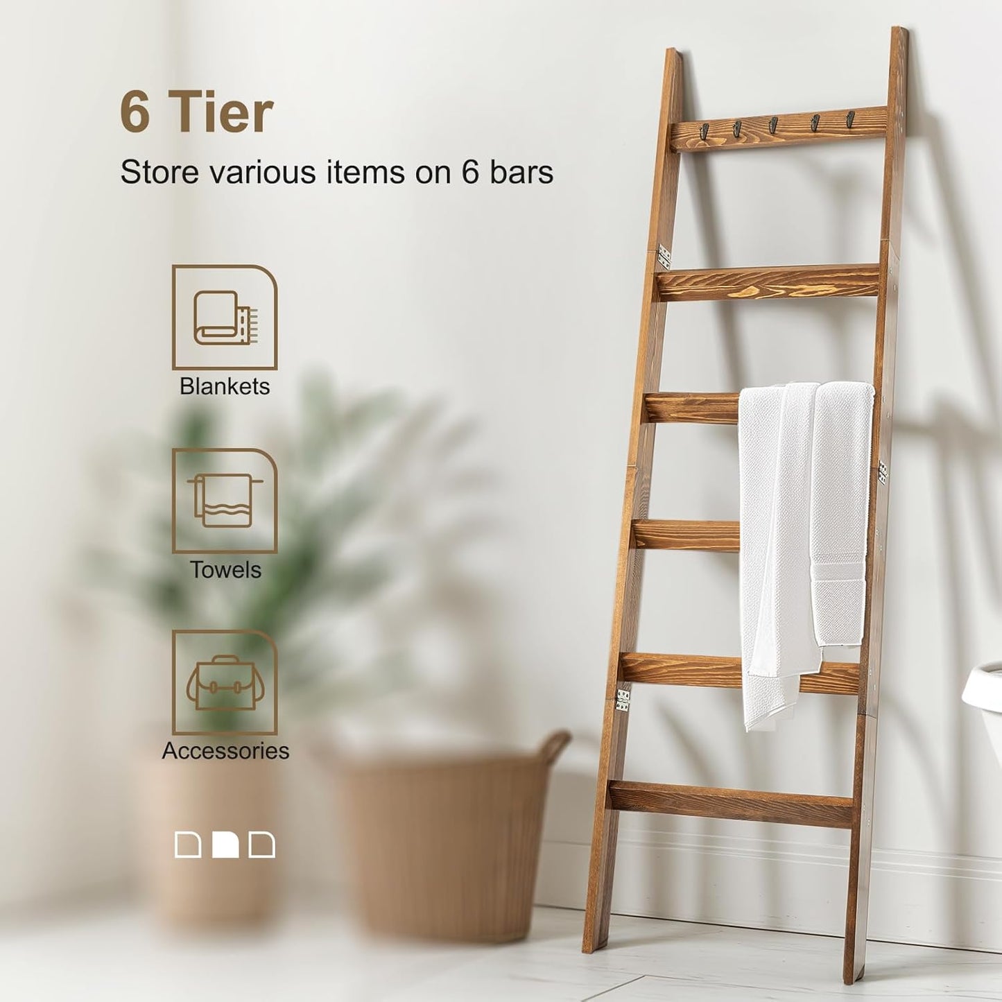 TEAKMAMA 6-Tier Blanket Ladder for Living Room and Bedroom,5.4 Ft Wall Leaning Quilt Rack with Hooks,Rustic Decorative Farmhouse Blanket Storage,Stylish Ladder Holder,Christmas Decorations,Black