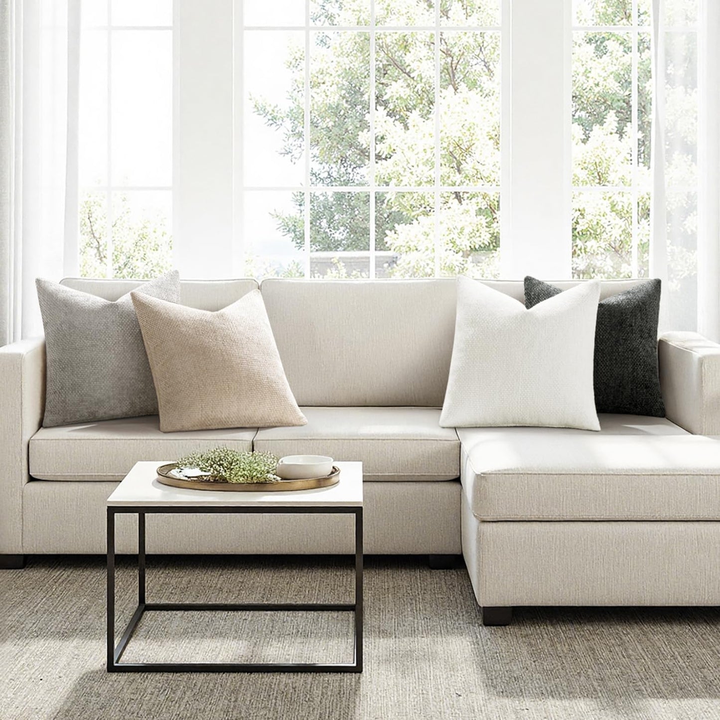 MIULEE Pack of 4 Couch Throw Pillow Covers 18x18 Inch Neutral Soft Decorative Chenille Pillow Covers Farmhouse Boho Cushion Covers for Mid Century Modern Spring Home Decor Sofa Bedroom Living Room