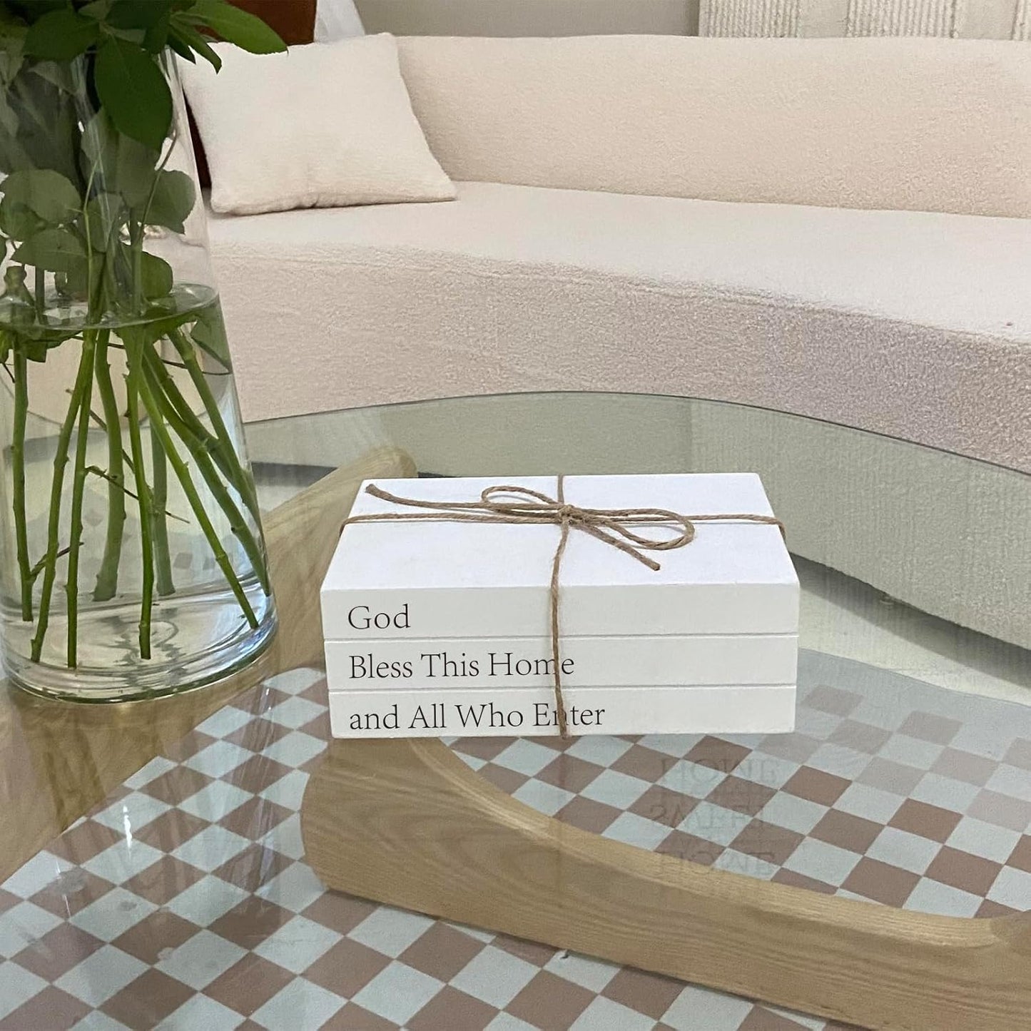 Decorative Books for Home Decor, White Faux Books for Decoration, Rustic Farmhouse Stacked Display Books with 52in Wood Bead Garland for Coffee Tables Living Room (TAKE TIME to DO)