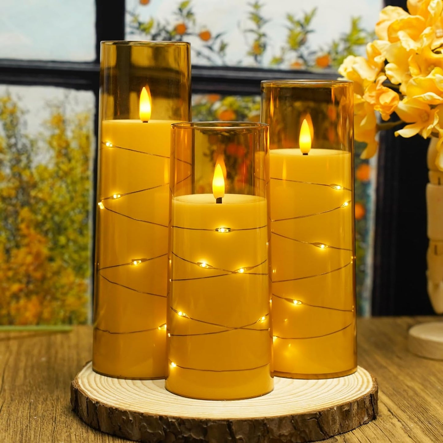 Nimiko Flickering Flameless LED Candles, 9 Pcs with Embedded Star String, Acrylic LED Pillar Candles with Remote, Suitable for Home Decoration (White)