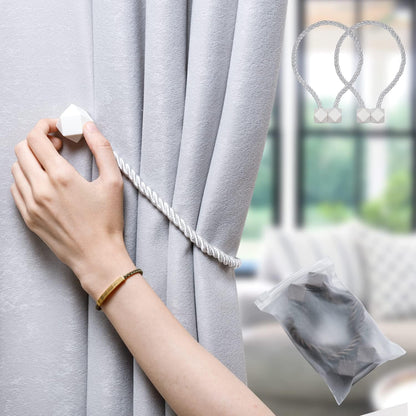 NazTur Magnetic Curtain Tiebacks- Upgrade 2022 with a Thicker Twist Rope & Strong Magnet Tieback Window Treatment Holdbacks Draperies Holders Decorative Drape Handmade Tie Back (Black, 2)