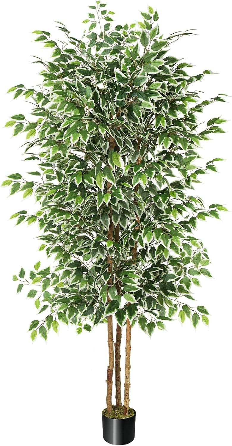 GTIDEA 6ft Artificial Tree Ficus, Tall Faux Trees Indoor with Natural Trunk and Fake Silk Tree Fake Plants for Home Spring Decor Living Room Outdoor Balcony House Office (Included Dried Moss)