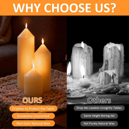 18 Pcs Ivory Pillar Candles Bulk Set，3 Different Lengths 2 x 3/4/6 Inch (6 Each)，Hurricane Candles，Dripless Unscented Smokeless，Gives You a Better Atmosphere When Organizing an Event Party.