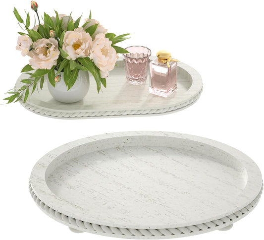 Urban Deco Oval Wooden Tiered Tray, Farmhouse Vintage Decorative Tray Stand for Coffee Table, White Serving Tray for Living Room Kitchen Home Decor - 1 Pack
