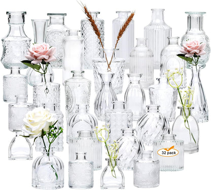 Glass Bud Vase Set of 32 pcs,Bud Vases in Bulk,Small Vases for Centerpieces, Mini Flower Vase Bulk for Rustic Wedding Home Table Decorations