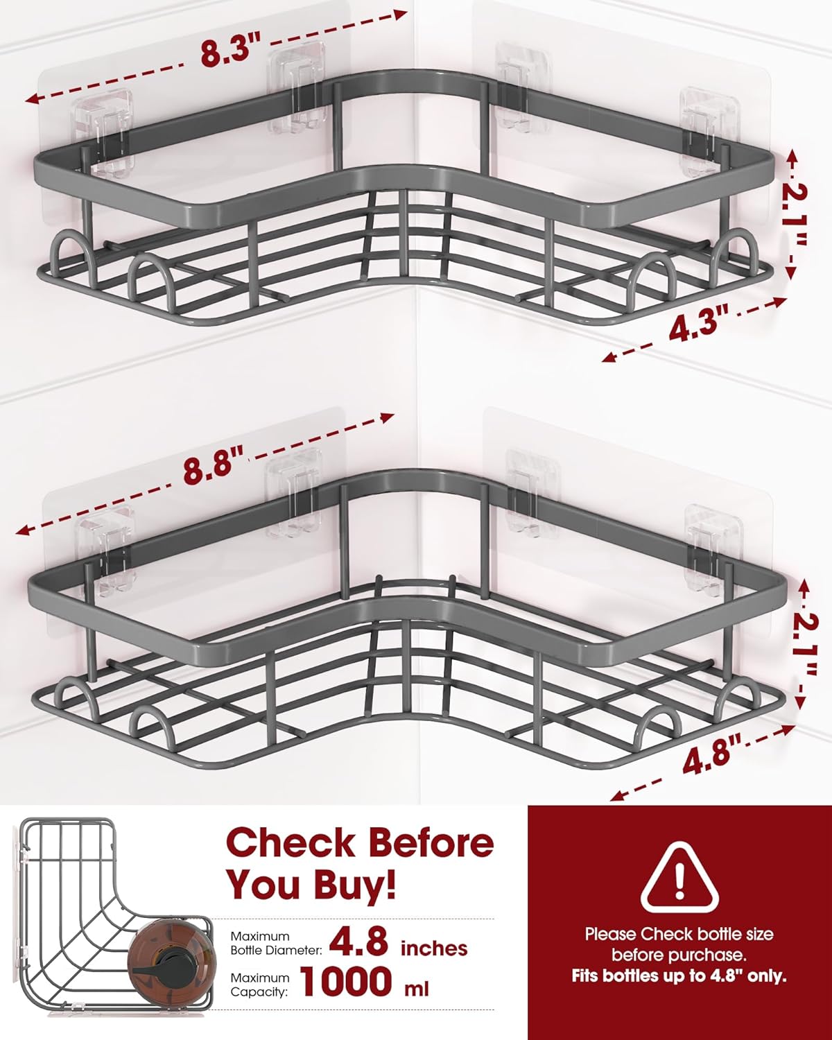 Sakugi Corner Shower Caddy - 2 Pack, Adhesive Shower Organizers, Rustproof Stainless Steel Shower Shelves with 8 Hooks, No Drilling Bathroom Organizers and Storage Racks, Space-Saving, Black, Medium