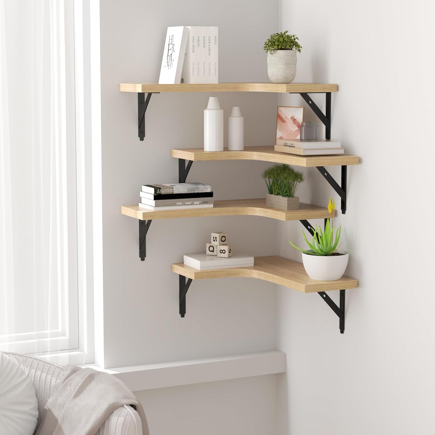 ROMGUAR CRAFT Corner Floating Shelves Wall Mounted Set of 4, Rustic Wood Storage Display Shelves for Home Decor, Bathroom, Kitchen, Bedroom, Living Room, Office (Black)