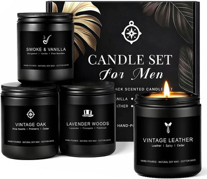 Candles for Men Gift Set, 4 Pack Masculine Scented Soy Candles for Men, Leather, Smoke, Oak & Lavender Scents, Aromatherapy Candle Gift Set for Dad, Husband, Boyfriend, Birthday & Father’s Day Gifts