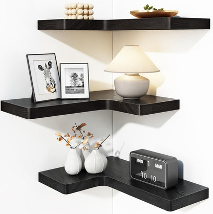 Fixwal Corner Floating Shelves for Wall Mounted Natural Solid Wood 16"x11.4" Farmhouse Home Decor Display Shelving Set of 3 (Rustic Brown)