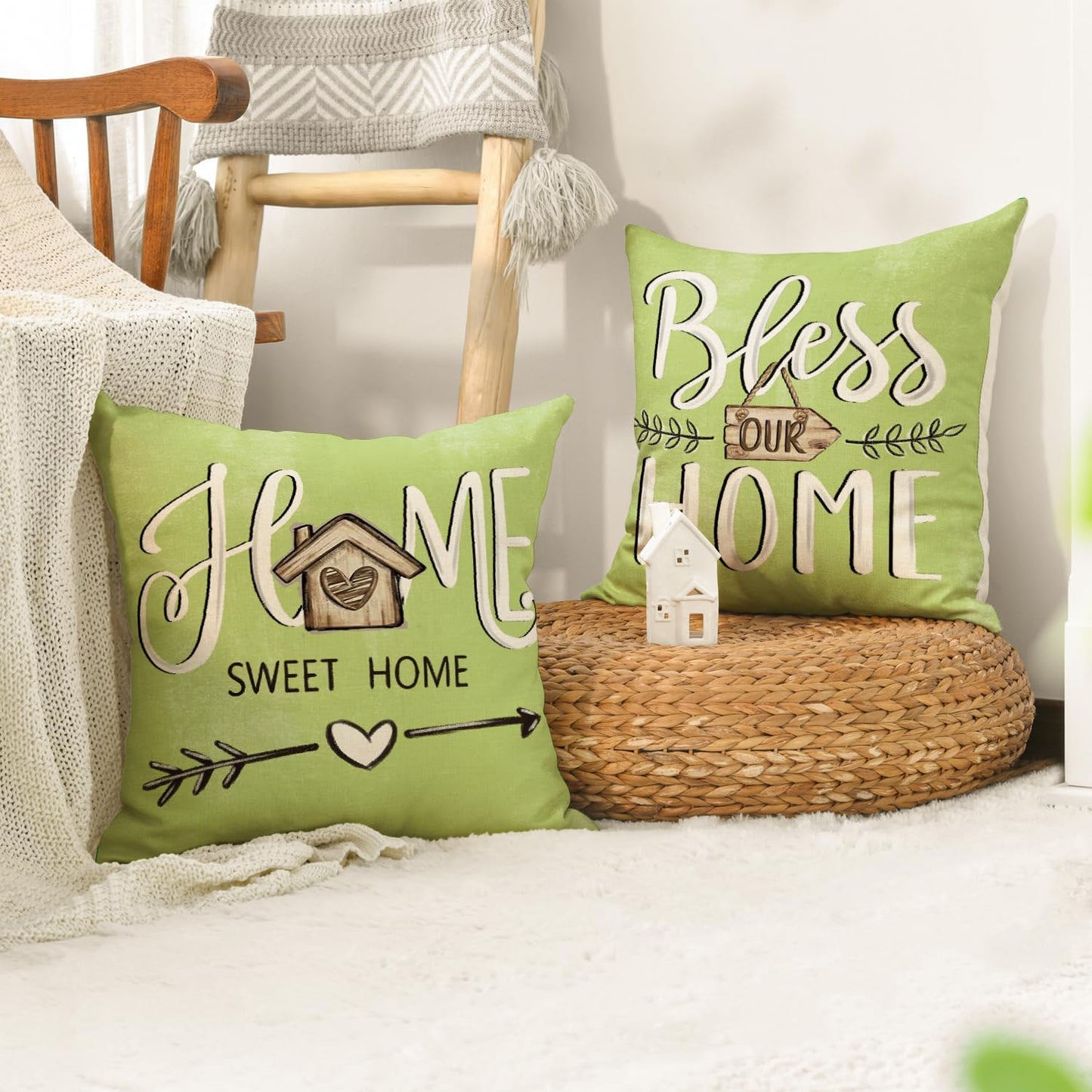 AVOIN colorlife Bless Our Home Farmhouse Eucalyptus Leaves Throw Pillow Covers, 18 x 18 Inch Truck Home Sweet Home Cushion Case Decorations Set of 4