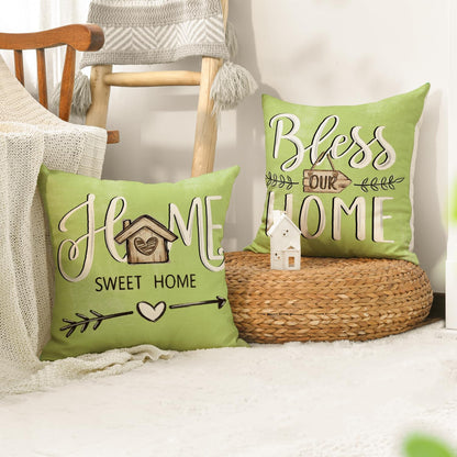 AVOIN colorlife Bless Our Home Farmhouse Eucalyptus Leaves Throw Pillow Covers, 18 x 18 Inch Truck Home Sweet Home Cushion Case Decorations Set of 4