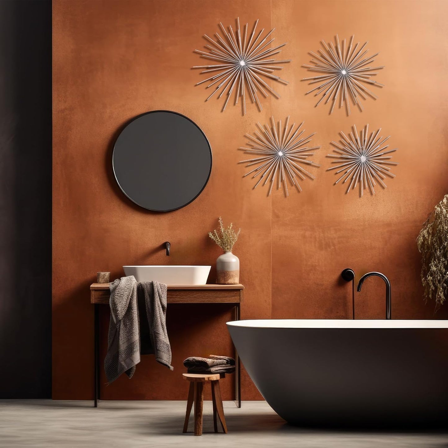 Shimeyao 4 Pcs Metal Starburst Wall Decor Black Metal Wall Art 3D Spike Bling Finish Star Burst Hangings Accents Sculptures Set Modern Mid Century Decorations for Living Room Bedroom Entryway