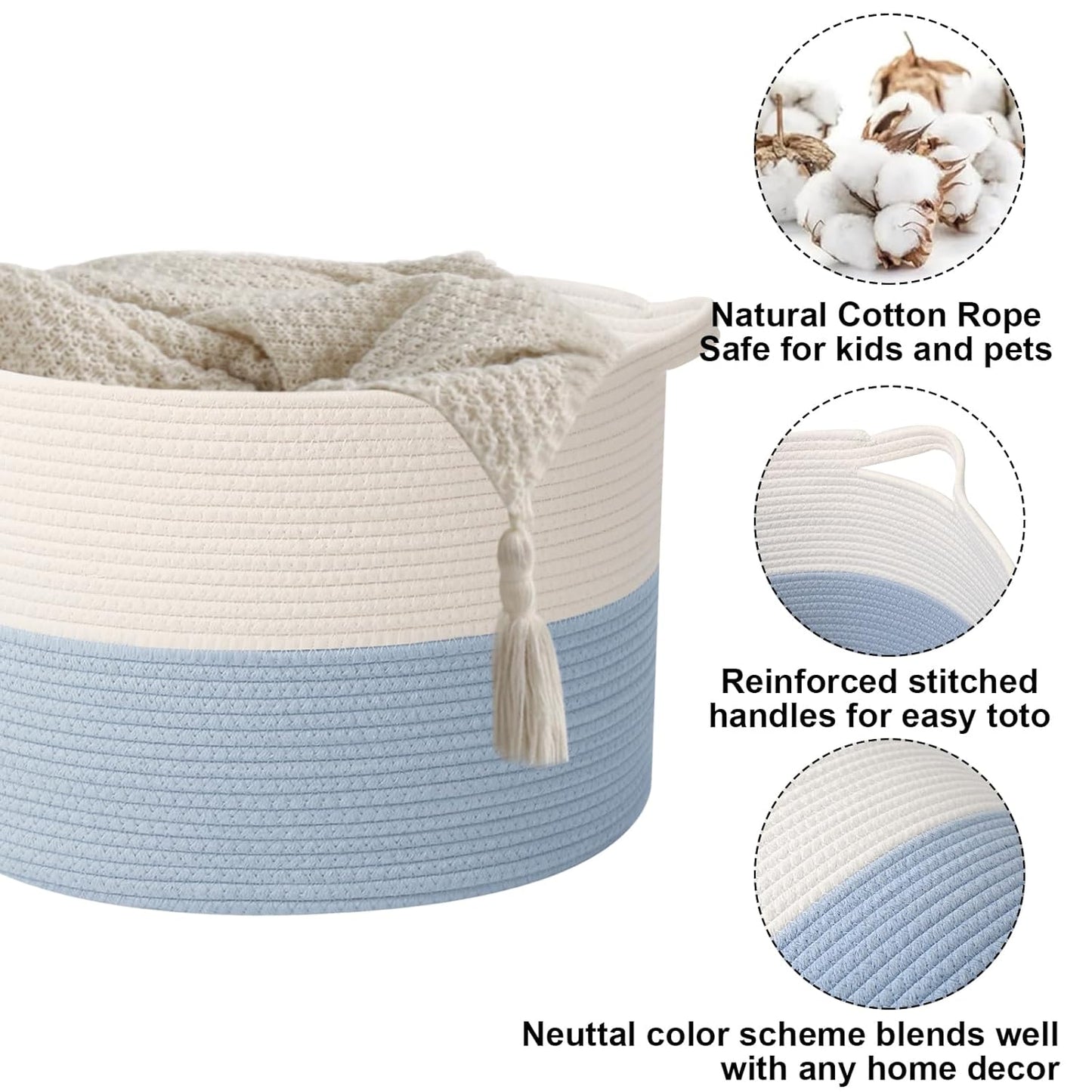 Large Woven Blanket Basket,65L Cotton Rope Laundry Basket Hamper with Handles, Decorative Nursery Basket Storage Bin for Toys, Clothes Organizer, Living Room, Bedroom, Bathroom, White & Brown