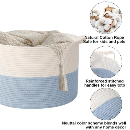 Large Woven Blanket Basket,65L Cotton Rope Laundry Basket Hamper with Handles, Decorative Nursery Basket Storage Bin for Toys, Clothes Organizer, Living Room, Bedroom, Bathroom, White & Brown