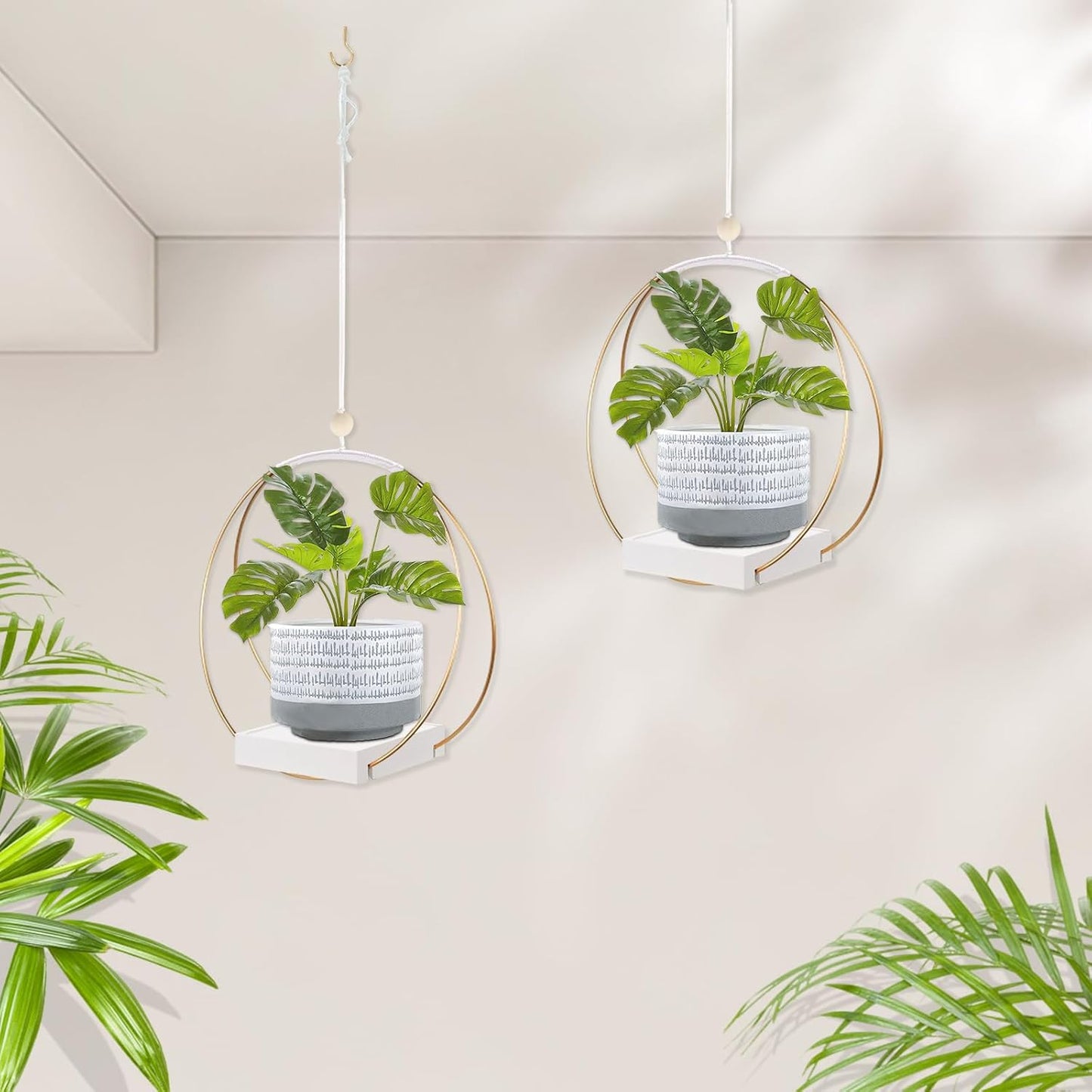 Hanging Planter for Indoor Plants, Black Plant Hanger Indoor with Sturdy Wood Base, Modern Boho Macrame Plant Hanger for 3-5.5 Inch Pot, Hanging Wall Ceiling Window Home Decor (Pots Not Included)