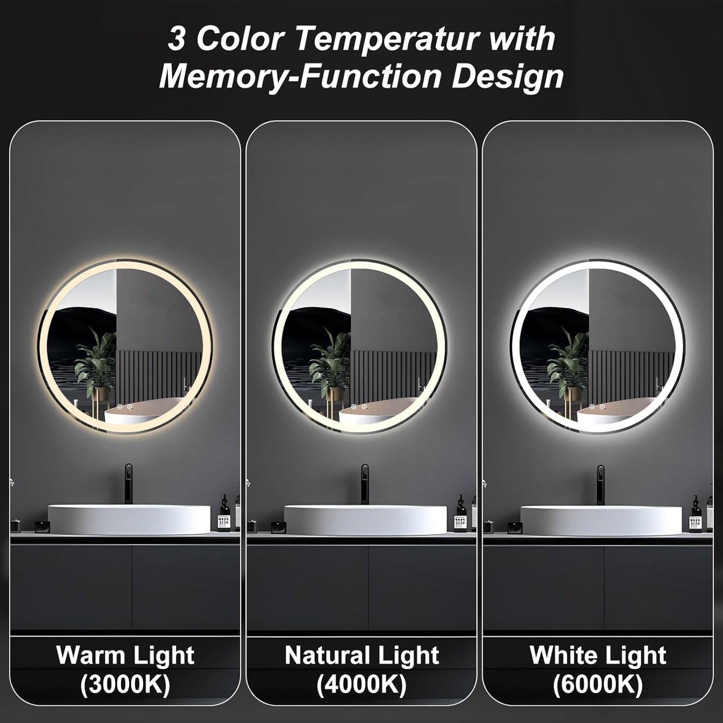 Sweetcrispy 24 Inch Round Wall Mirror with Tempered Glass, Bathroom Mirror Over Sink, Anti-Fog & Waterproof Round Mirror for Bathroom, Entryway, Bedroom, Shatterproof Design, Black