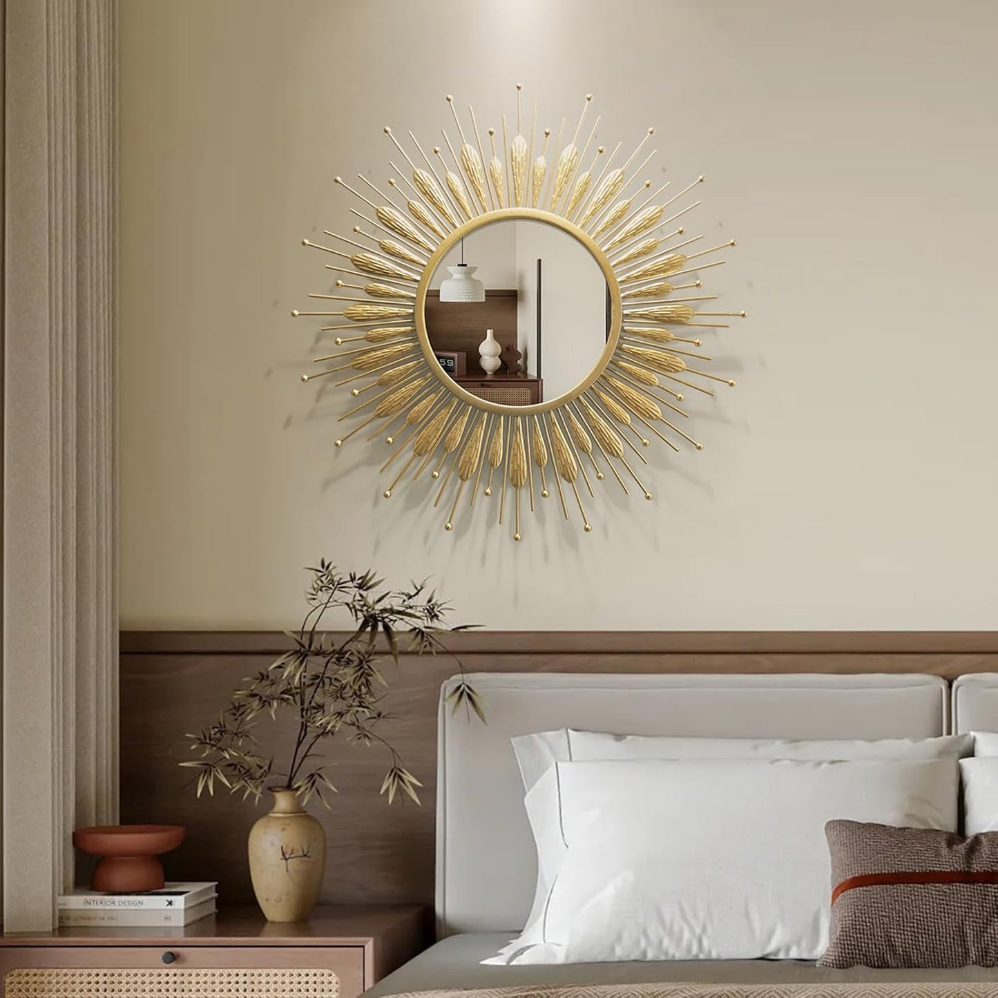 24" Gold Sunburst Decorative Wall Mirror – Handmade Flower Design, Luxury Round Accent Mirror Boho Wall Decor for Bedroom,Entryway, Dining Room & Kitchen