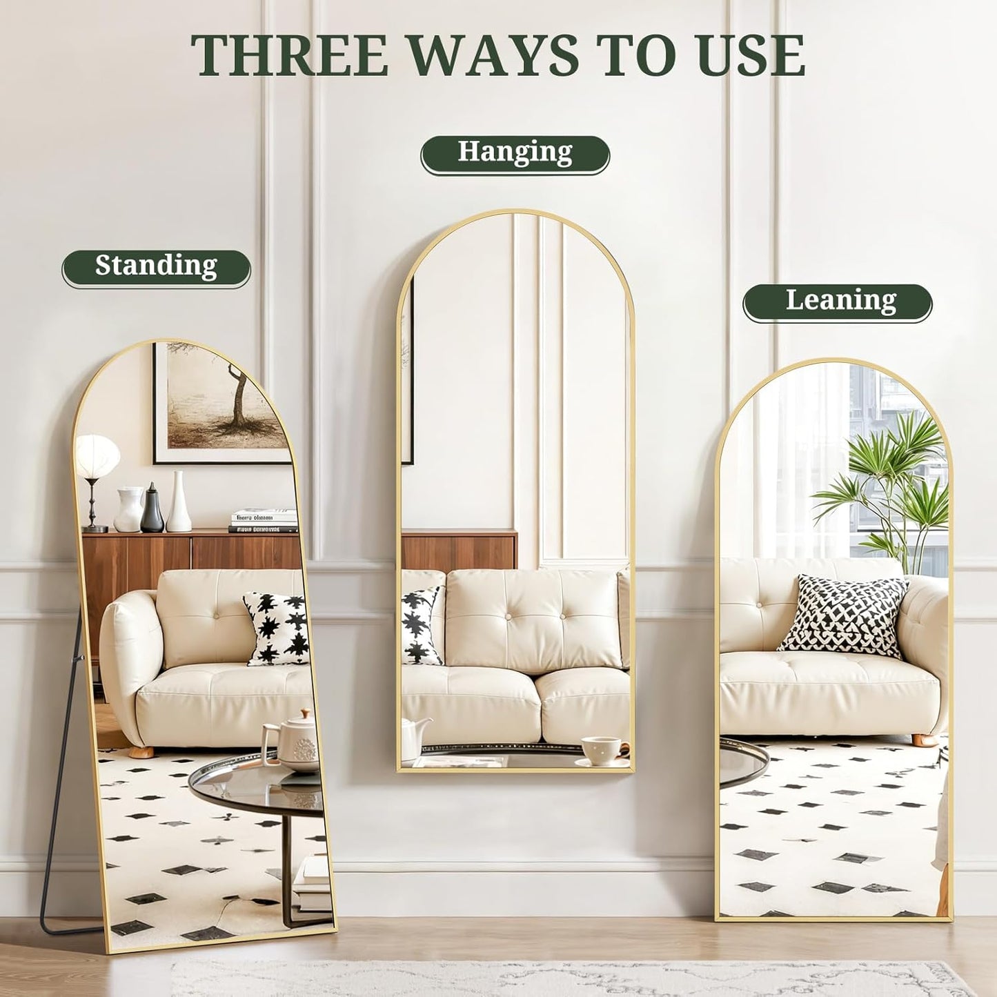 Mirror Full Length 64"x21" Full Body Floor Mirror with Stand, Shatterproof Glass, Aluminum Alloy Frame, Free Standing Wall Mounted or Leaning Arched Mirrors for Bedroom Living Room Entryway