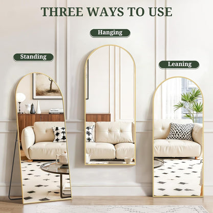 Mirror Full Length 64"x21" Full Body Floor Mirror with Stand, Shatterproof Glass, Aluminum Alloy Frame, Free Standing Wall Mounted or Leaning Arched Mirrors for Bedroom Living Room Entryway