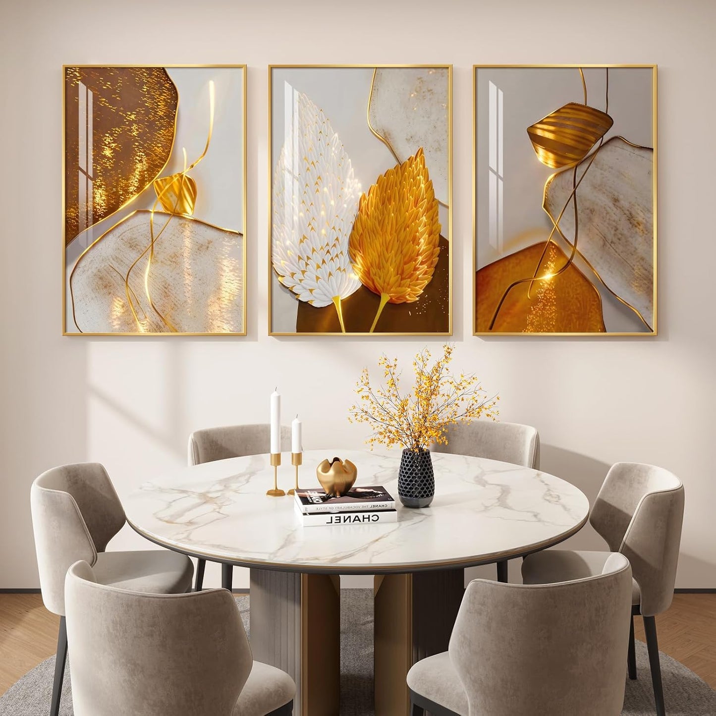 Framed Modern Luxury Gold Wall Art, Set of 3 Piece Contemporary Paintings Artwork for Walls, Golden Prints Pictures with Gold Frame, Wall Decor for Living Room, Hallway, Bedroom, Office 16x24 Inch