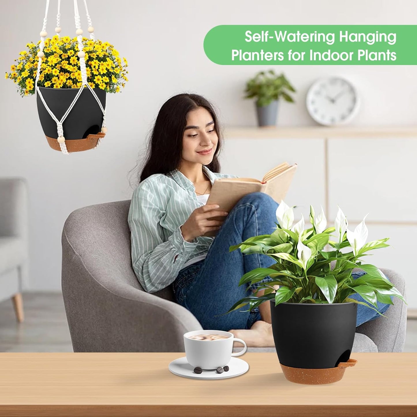 Vanslogreen Hanging Planters for Indoor Outdoor Plants, 2 Pack Self Watering Hanging Pot with Drainage Holes & Removable Tray (Black, 8'')