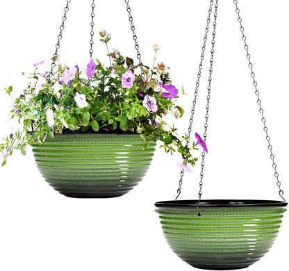 Vanslogreen 2 Pack Hanging Planters for Indoor Outdoor Plants, 10 Inch Hanging Planter with Drainage Hole & Plug Glazed Hanging Baskets Flower Pots for Garden Home (Blue)
