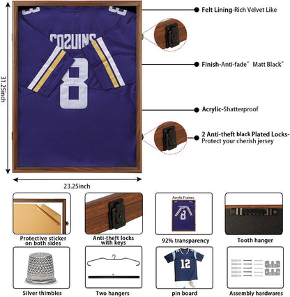 Large Lockable Jersey Frame Display Case Wall Mount, T-Shirt Shadow Box with Clear UV-Protective Acrylic, Hangers Linen Backing for Football, Basketball, Baseball