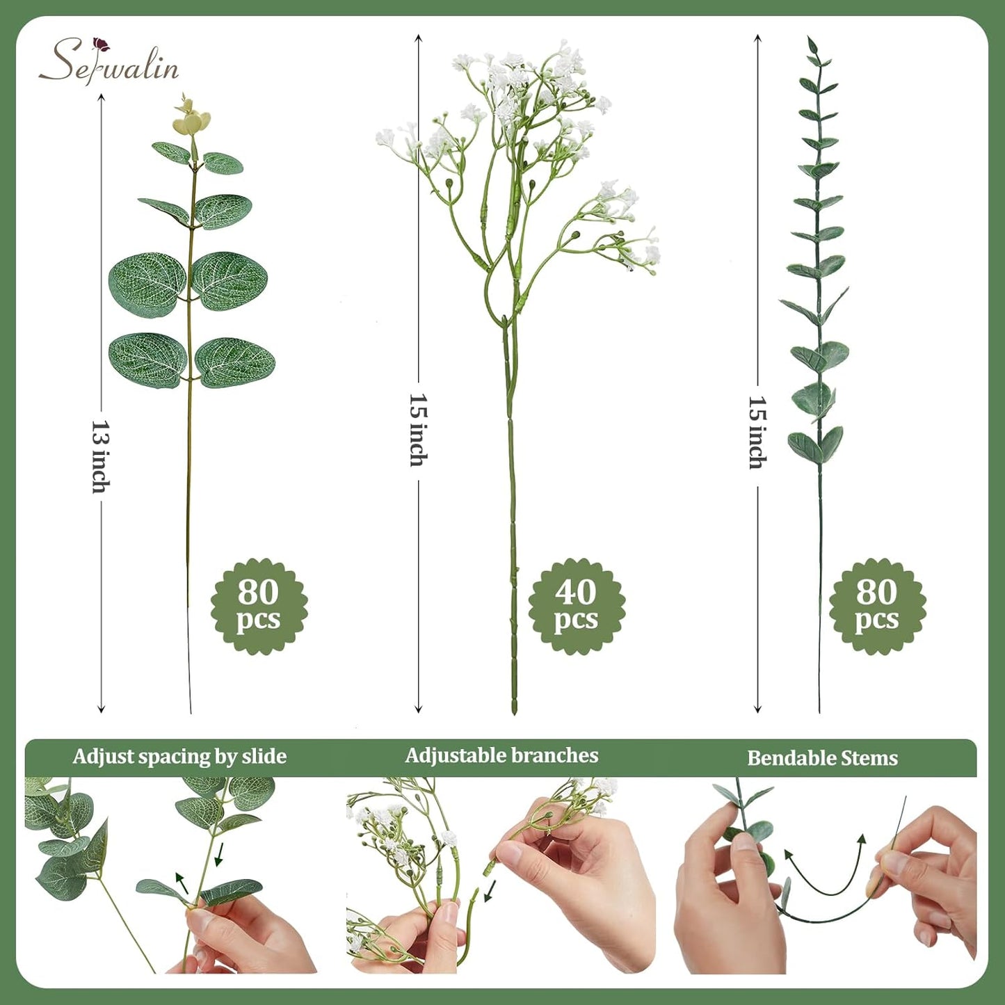 Serwalin 100 Pcs Mixed Artificial Eucalyptus Stems,Babys Breath Artificial Flowers Bulk with Faux Eucalyptus Leaves Greenery Stems for Wedding DIY Bouquets Floral Arrangement Home Decor