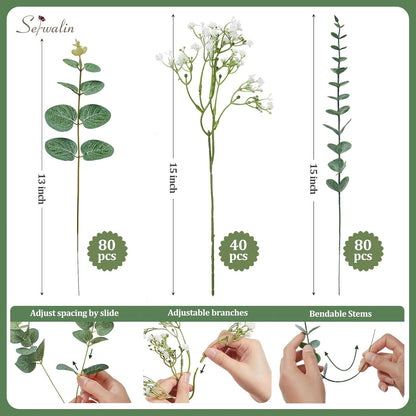 Serwalin 100 Pcs Mixed Artificial Eucalyptus Stems,Babys Breath Artificial Flowers Bulk with Faux Eucalyptus Leaves Greenery Stems for Wedding DIY Bouquets Floral Arrangement Home Decor