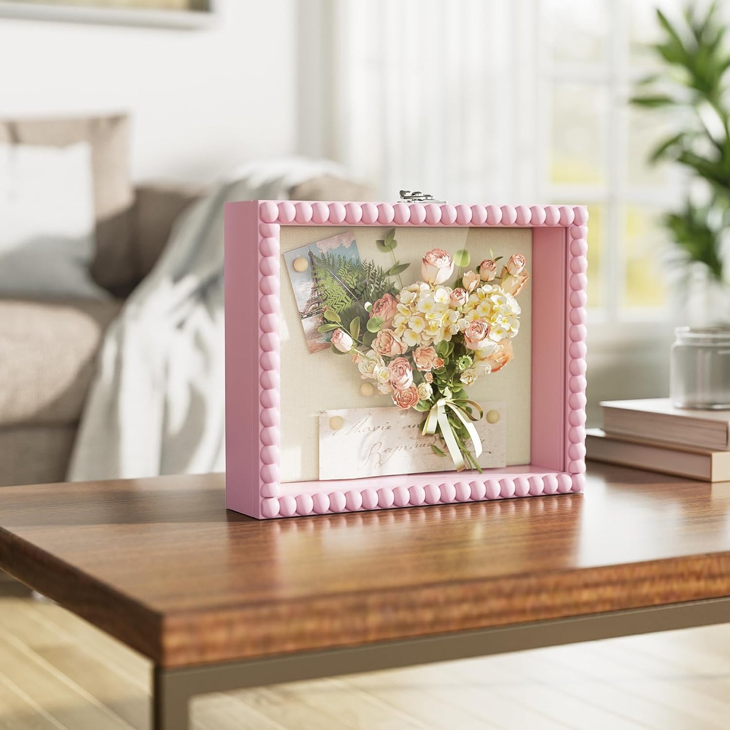 Love-KANKEI Shadow Box Frame 11x14, Deep Large Shadow Box Display Case with Unique Beads Door and Glass Window, Wood Memory Box for Pictures,Medals,Memorabilia,Collections White
