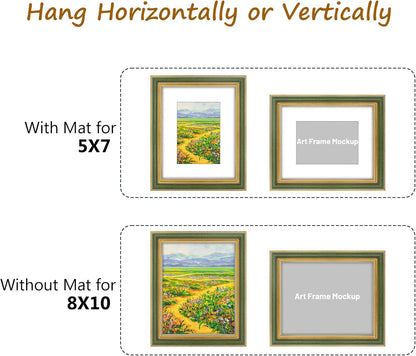 Golden State Art,11x14 Ornate Picture Frame for 8x10 Photo with Mat or 11 x 14 Prints without Mat,Real Glass Wall Display(Color:Green Gold)