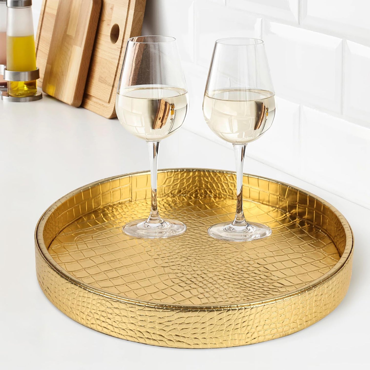 HofferRuffer Round Serving Tray 20'', Elegant Faux Leather Circle Ottoman Table Tray, Serve Tea Coffee Breakfast in Bedroom Living Room Kitchen (Brown)
