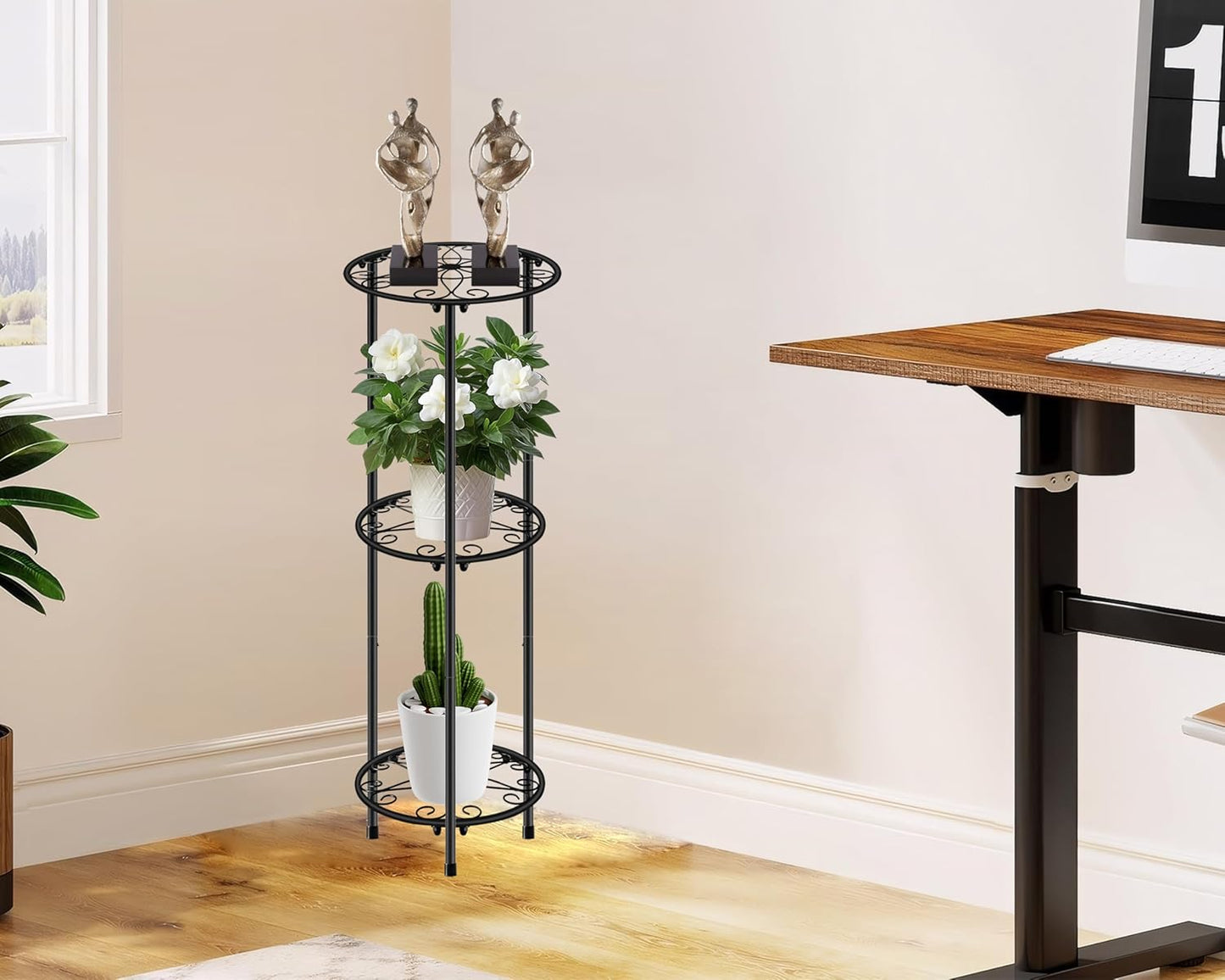 CASIMR Plant Stand Indoor Outdoor, Metal Rustproof Flower Shelf 2 Tier 23.9 inch, Tall Multiple Plant Pot Holder Rack for Garden Patio Living Room Corner Balcony, Black