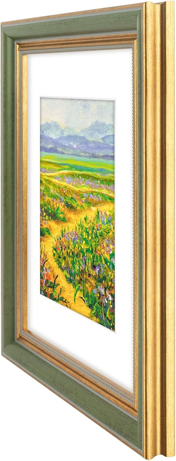Golden State Art,11x14 Ornate Picture Frame for 8x10 Photo with Mat or 11 x 14 Prints without Mat,Real Glass Wall Display(Color:Green Gold)