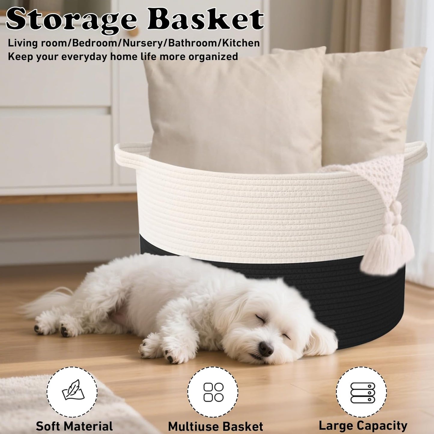 Large Woven Blanket Basket,65L Cotton Rope Laundry Basket Hamper with Handles, Decorative Nursery Basket Storage Bin for Toys, Clothes Organizer, Living Room, Bedroom, Bathroom, White & Brown