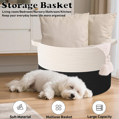 Large Woven Blanket Basket,65L Cotton Rope Laundry Basket Hamper with Handles, Decorative Nursery Basket Storage Bin for Toys, Clothes Organizer, Living Room, Bedroom, Bathroom, White & Brown