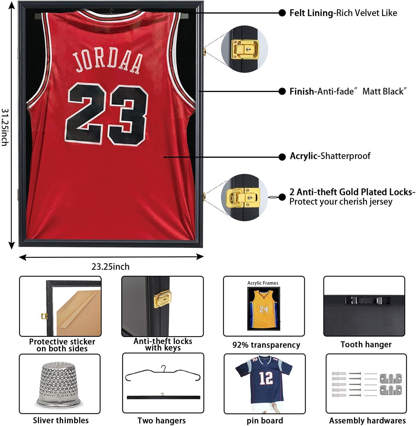 Large Lockable Jersey Frame Display Case Wall Mount, T-Shirt Shadow Box with Clear UV-Protective Acrylic, Hangers Linen Backing for Football, Basketball, Baseball