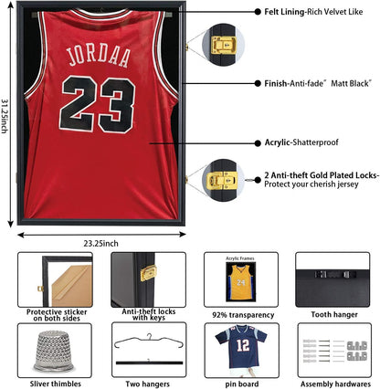 Large Lockable Jersey Frame Display Case Wall Mount, T-Shirt Shadow Box with Clear UV-Protective Acrylic, Hangers Linen Backing for Football, Basketball, Baseball