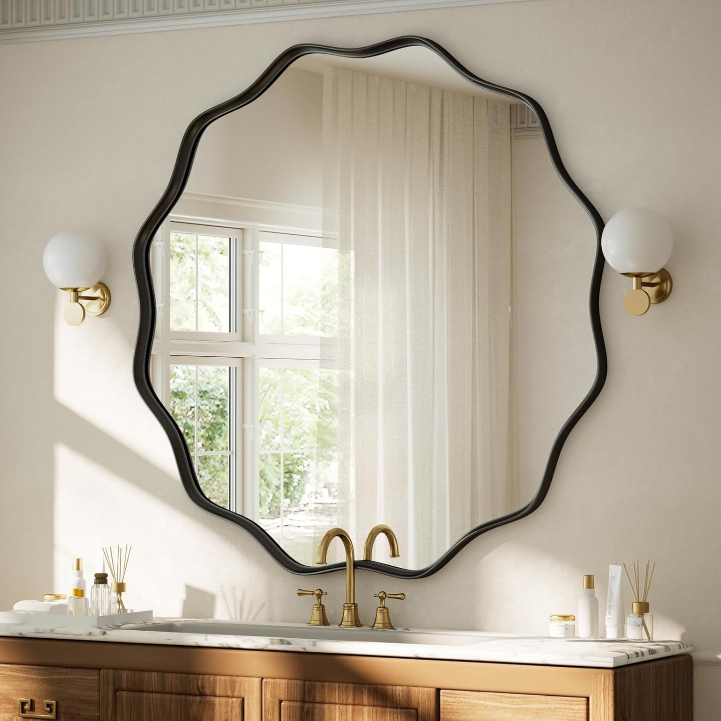 VooBang Black Scalloped Large Circle Mirror, 42" Wavy Edge Round Wall Mirror with Tempered Glass Textured Circular Metal Deep Frame, Hanging Leaning for Bathroom, Hallway, Entryway, Livng Room