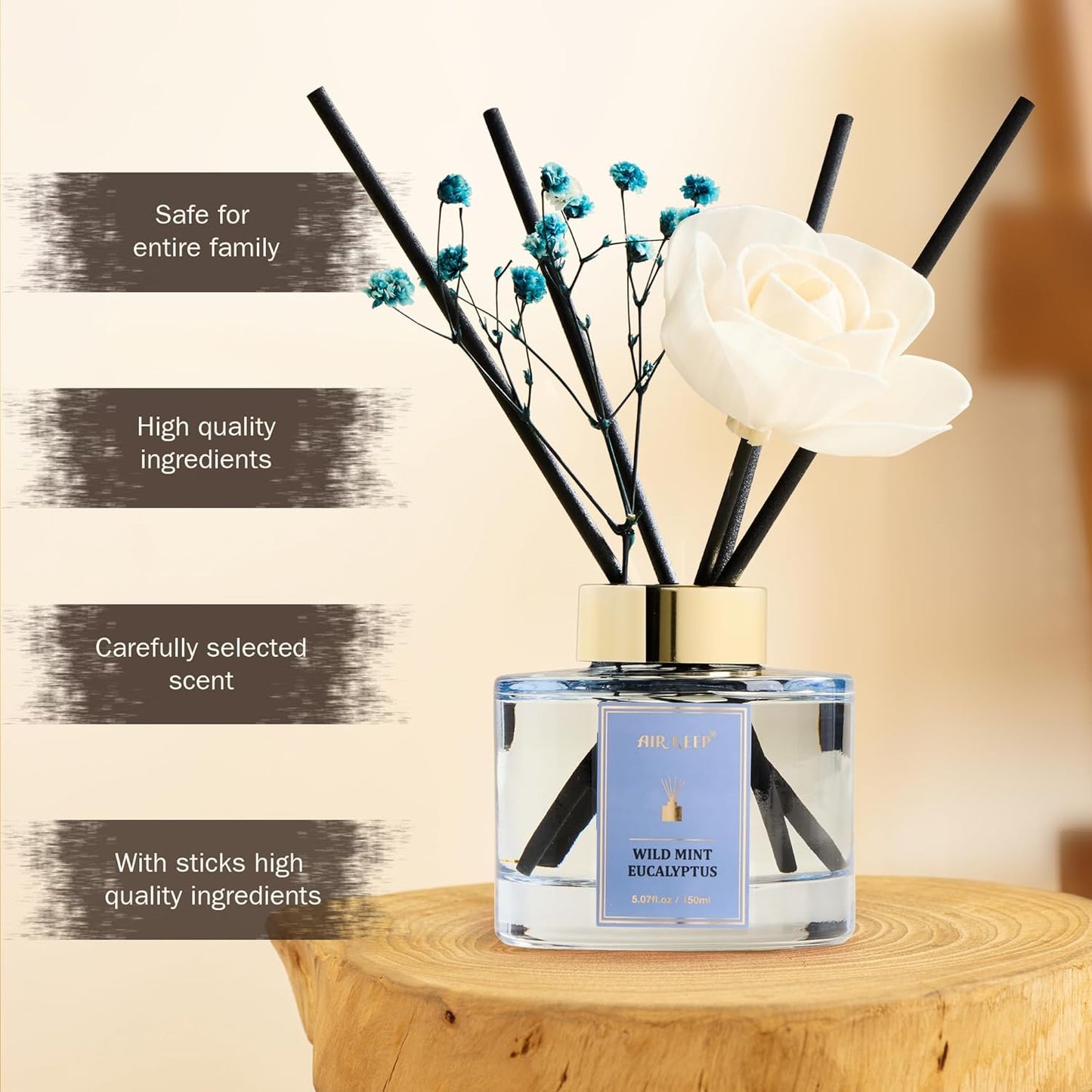 Airkeep Flower Reed Diffusers Set, 5.07 oz Freesia/Passion Fruit/Orange Scented Oil Diffuser with 8 Reed Sticks, Home Fragrance Diffuser Gift Set for Bathroom & Office Decor 150ml