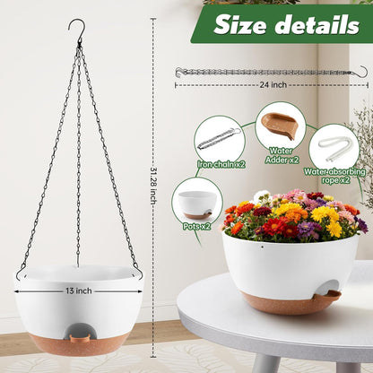 3-Piece Set of 10-Inch Hanging Planters with Automatic Watering System and Drip Tray, Includes Metal Chain, Suitable for Various Indoor and Outdoor Plants and Flowers, Green Brown