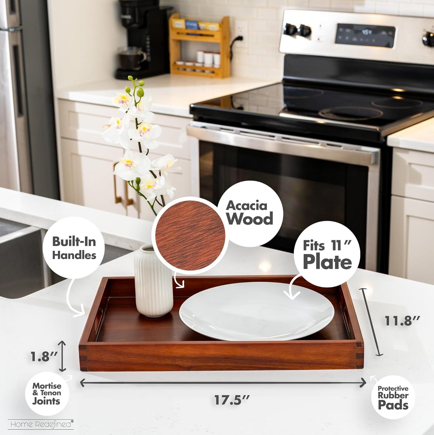 Home Redefined Beautiful Modern Elegant 17.5"x12" Rectangle Classic Black Faux Leather Decorative Tray Ottoman Coffee Table Perfume Living Room Kitchen Serving Tray with Handles for All Occasion's